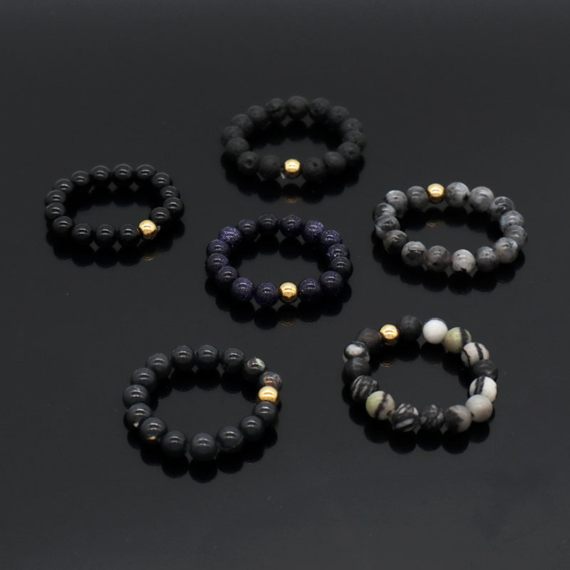OEM 5mm Natural GemStone Bead Gold Plated Custom Handmade Natural Stone Beads Ajustable Elastic Black Lava Ring For Women Men