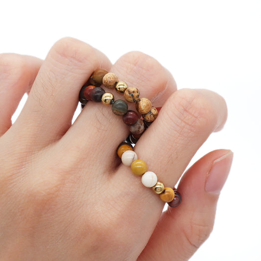 Women Men Fashion Wholesale Factory OEM 5mm Natural Stone Gold Plated Brass Beads Custom Handmade GemStone Beaded Stretch Ring