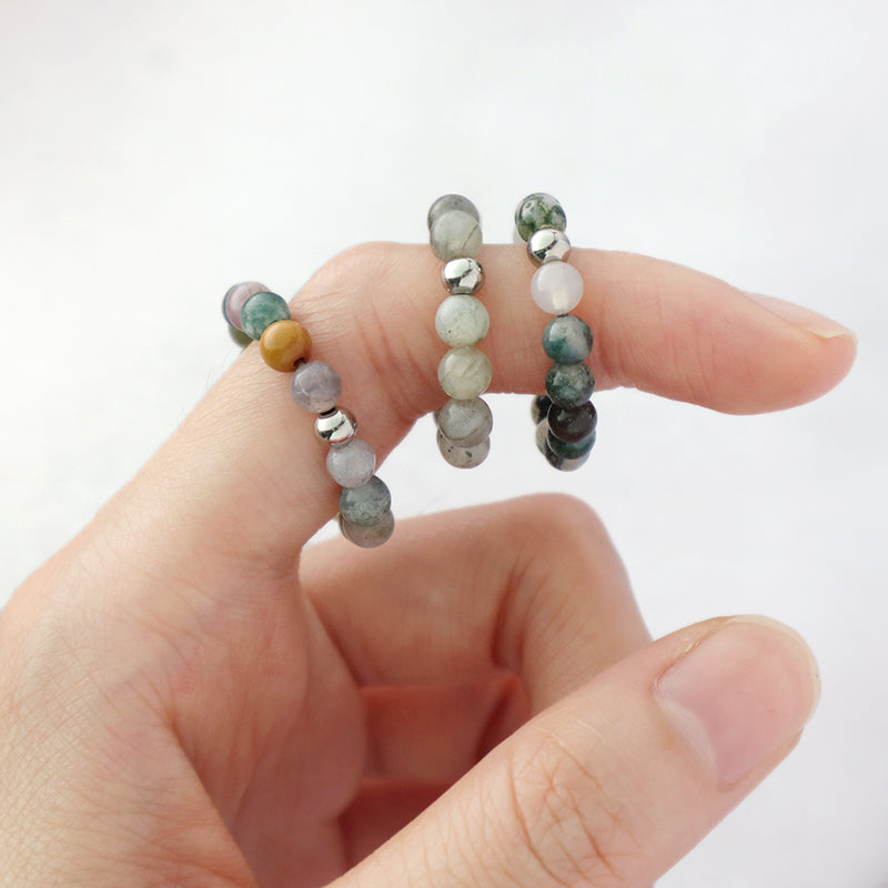 Various 5mm Natural Stone Beaded Ring Wholesale Custom Factory Gemstone OEM Rhodium Brass Beads Stretch Handmade Women Men Ring