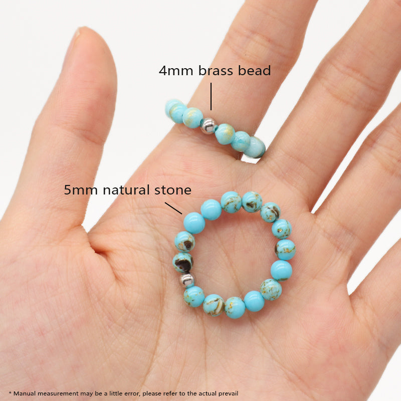 Fashion Newest OEM Handmade Custom Rhodium Brass Bead 5mm Natural Semi-precious Stone Gemstone Elastic Beaded Ring For Women Men