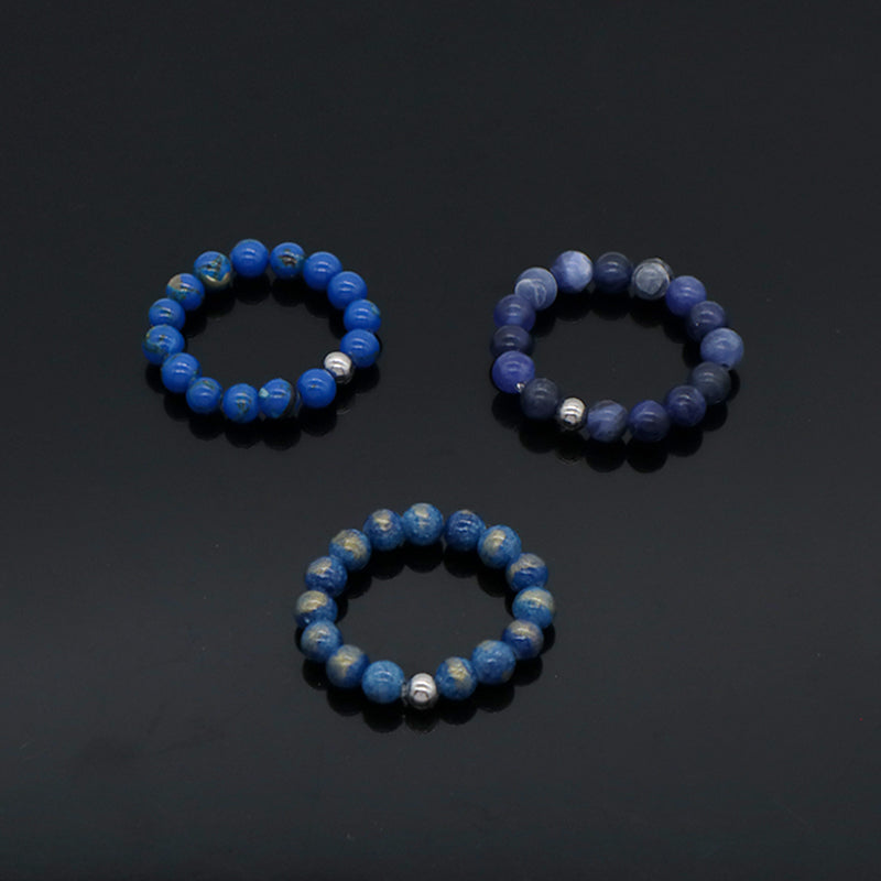 Newest Wholesale Fashion OEM Custom Rhodium Brass Gemstone 5mm Natural Stone Elastic Ring Handmade Beads Ring For Men Women