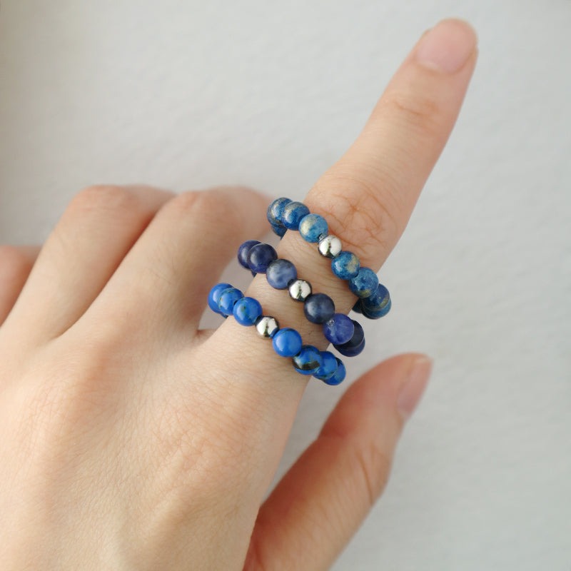 Newest Wholesale Fashion OEM Custom Rhodium Brass Gemstone 5mm Natural Stone Elastic Ring Handmade Beads Ring For Men Women