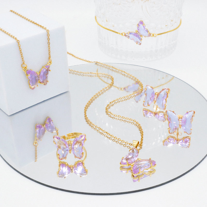 Wholesale 18K Gold Plated Butterfly Necklace Bracelet Ring Earring Stud Jewelry Glass Crystal Butterfly Jewelry Set for women
