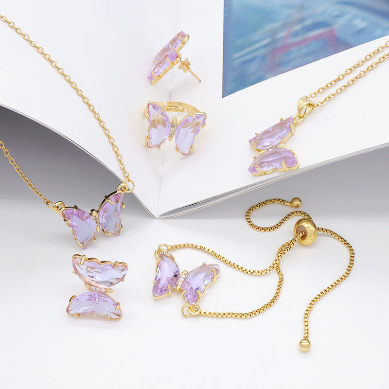 Wholesale 18K Gold Plated Butterfly Necklace Bracelet Ring Earring Stud Jewelry Glass Crystal Butterfly Jewelry Set for women