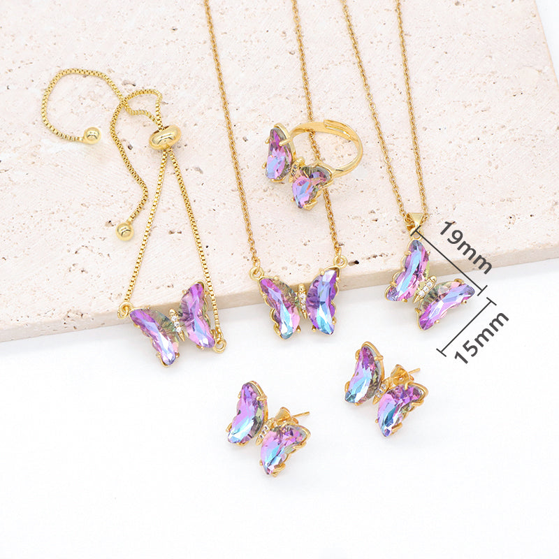 Butterfly 18K Gold Plated Bracelet Necklace Ring Earring Stud Jewelry Glass Crystal Butterfly Shiny Party Jewelry Set for women