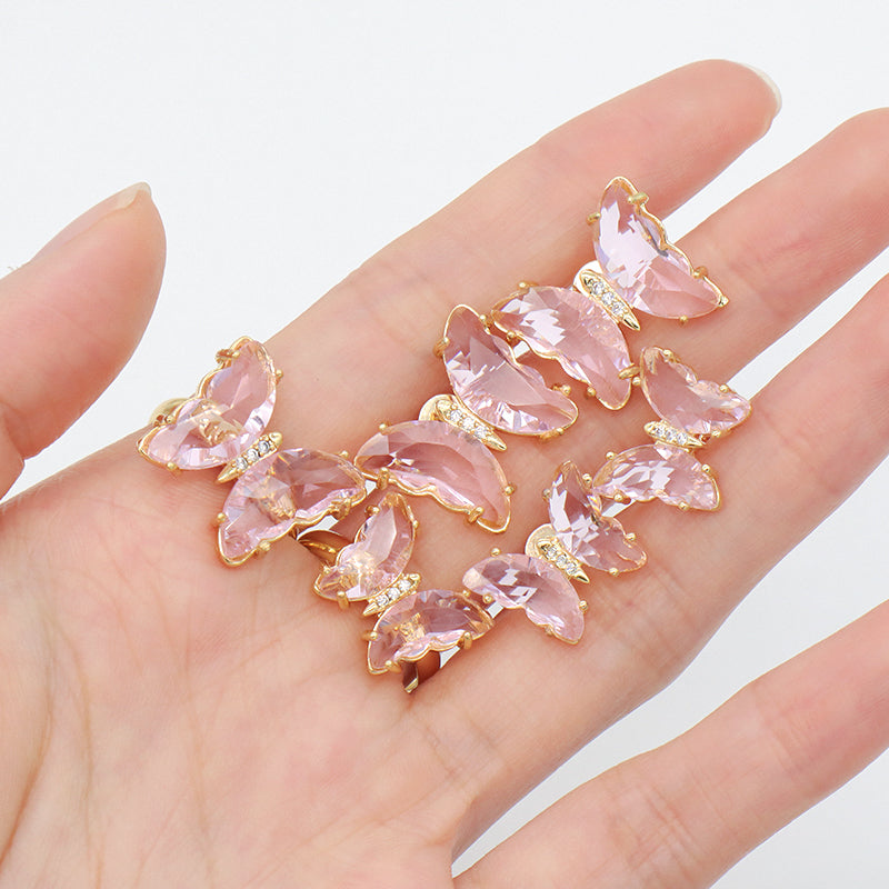 Wholesale Women Butterfly Necklace Bracelet Earring Stud Ring Jewelry 18K Gold Plated Pink Glass Crystal Butterfly Jewelry Set