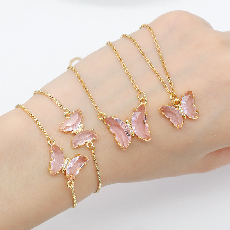 Pink Glass Crystal Butterfly Jewelry Set Butterfly Necklace Bracelet Ring Earring Stud 18K Gold Plated butterfly jewelry Making