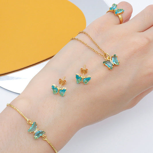 Miss Jewelry Bling Bling Glass Crystal Butterfly 18K Gold Plated Necklace Bracelet Ring Earring Stud Jewelry Set for Women
