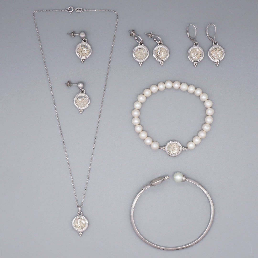 Wholesale Good Quality Fashion Manufacture China Factory Custom Women Fresh Water Pearl Bracelet Necklace Earrings CZ Round Glass Mirror Rhodium Plated 925 Sterling Silver Jewelry Set