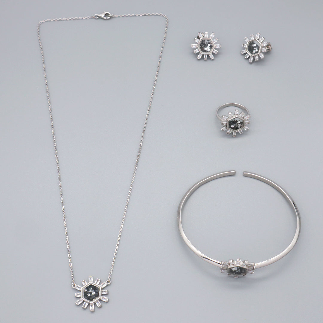 Manufacture Wholesale Good Quality Fashion China Factory Custom Women CZ Round Glass Mirror Rhodium Plated 925 Sterling Silver Bracelet Necklace Earrings Stud Rings Jewelry Set
