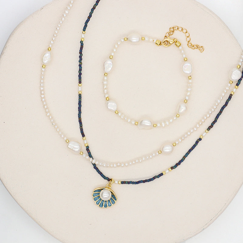 Custom Women Gift Handmade Gold Plated Baroque Freshwater Pearl Bracelet Miyuki Beaded Shell Conch SeaStar Necklace Jewelry Set