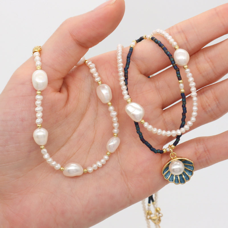 Custom Women Gift Handmade Gold Plated Baroque Freshwater Pearl Bracelet Miyuki Beaded Shell Conch SeaStar Necklace Jewelry Set