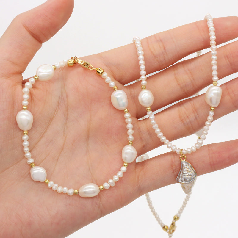 Handmade Wholesale Custom Women Shell Conch SeaStar Pendant Necklace Gold Plated Freshwater Pearl Beads Bracelet Jewelry Set